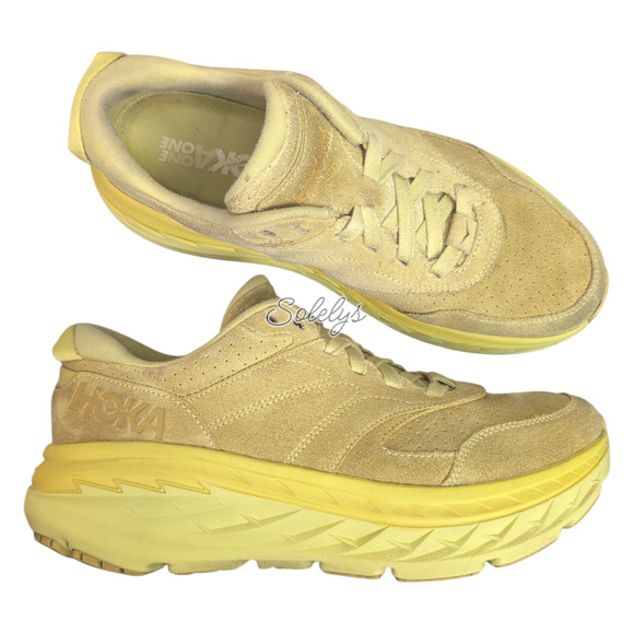 HOKA ONE Bondi L Suede Celery Lima Bean Green Yellow Sneaker Mens 10 Womens 11 - Picture 1 of 12
